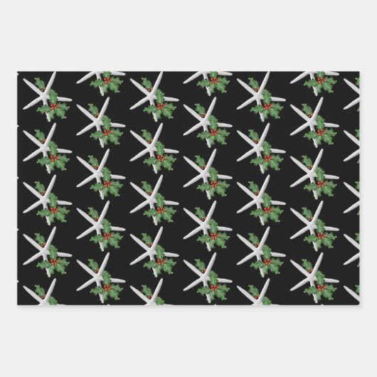 White Starfish Black Kerstmis Inpakpapier Vel (Voorkant)