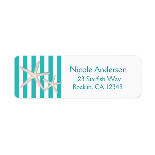 White Starfish Blauwgroen Turquoise Striped Beach Etiket (Voorkant)
