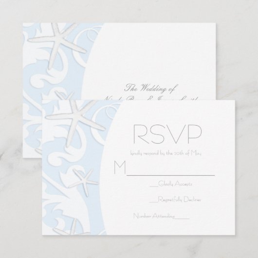 White Starfish Blue Beach Elegant Wedding RSVP (Voorkant / Achterkant)