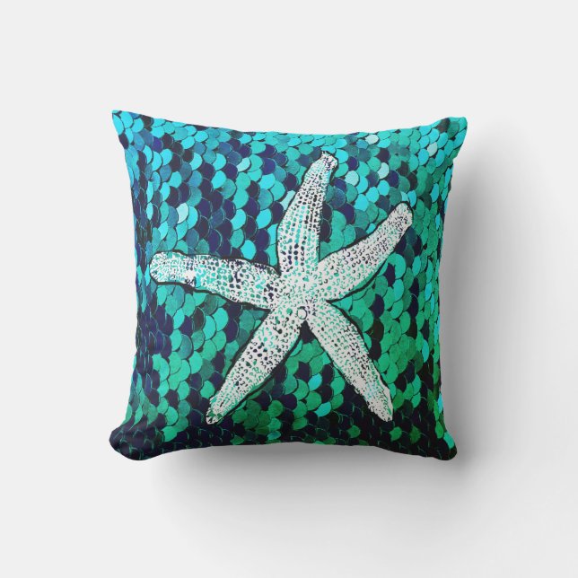 White Starfish Glittery Mermaid Sequins Green Blue Buitenkussen (Voorkant)