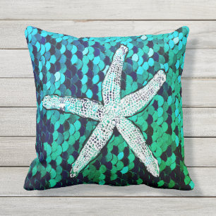 White Starfish Glittery Mermaid Sequins Green Blue Buitenkussen
