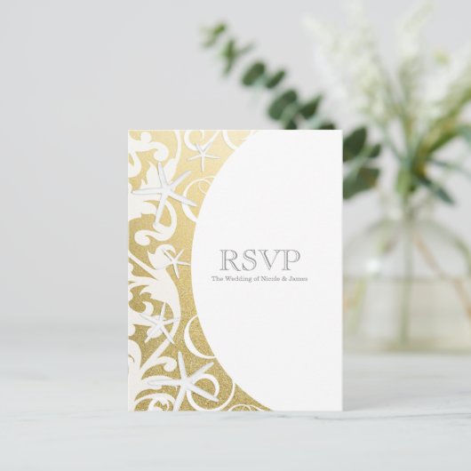 White Starfish Gold Beach Elegant Wedding RSVP Uitnodiging Briefkaart (Staand voorkant)