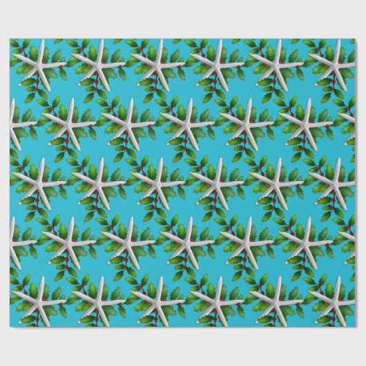 White Starfish in Holly Kerstmis Aqua Cadeaupapier (Vlak)