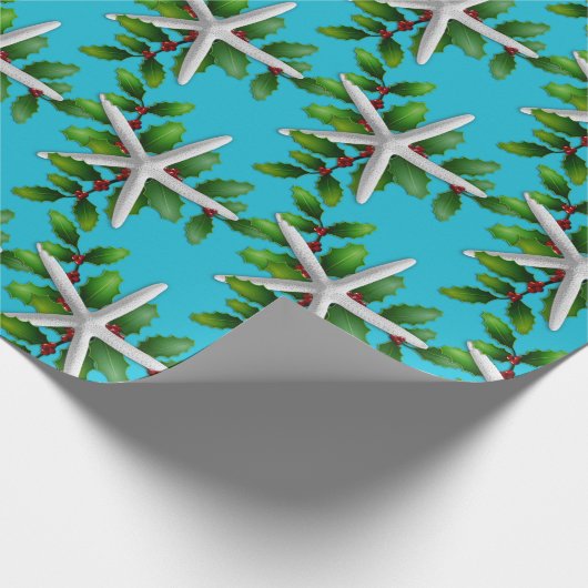 White Starfish in Holly Kerstmis Aqua Cadeaupapier (Hoek)