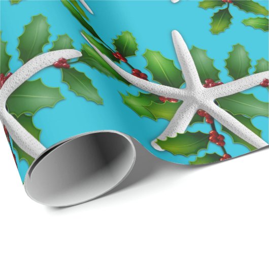 White Starfish in Holly Kerstmis Aqua Cadeaupapier (Rol Hoek)