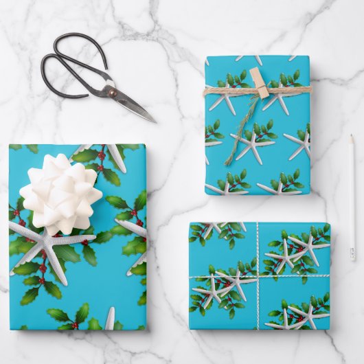 White Starfish in Holly Kerstmis Aqua Inpakpapier Vel (Voorkant)