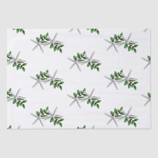 White Starfish in Holly-kerstpapier Tissuepapier (Voorkant)
