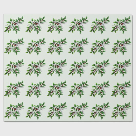 White Starfish in Holly Pattern Bleek Green Cadeaupapier (Vlak)