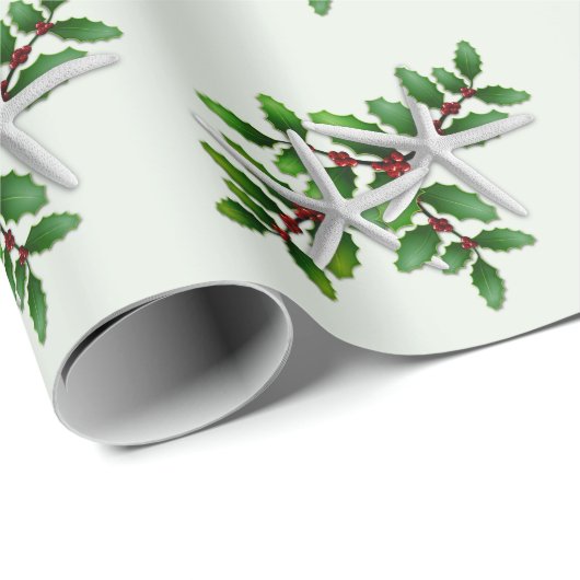 White Starfish in Holly Pattern Bleek Green Cadeaupapier (Rol Hoek)