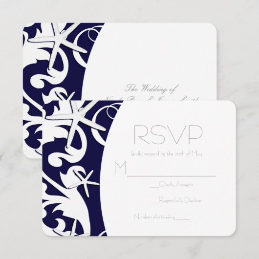 White Starfish Navy Beach Elegant Wedding RSVP (Voorkant / Achterkant)