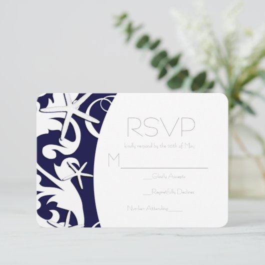 White Starfish Navy Beach Elegant Wedding RSVP (Staand voorkant)