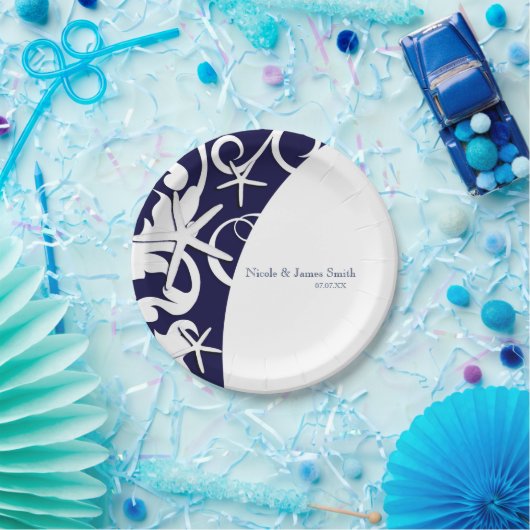 White Starfish Navy Blue Beach Elegant Wedding Papieren Bordje (Feest)
