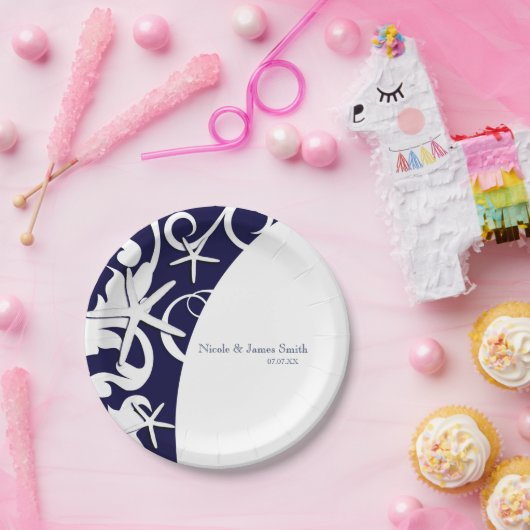 White Starfish Navy Blue Beach Elegant Wedding Papieren Bordje (Feest)