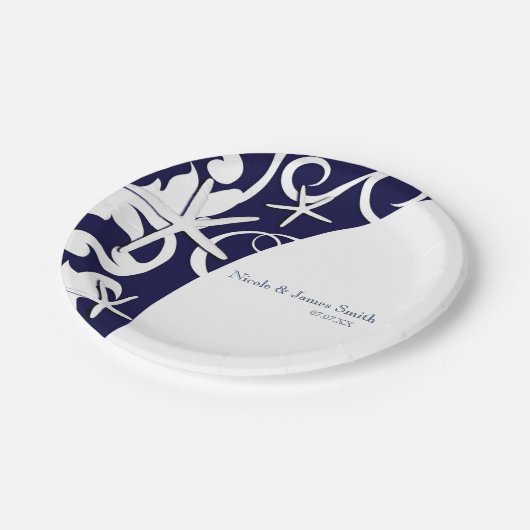 White Starfish Navy Blue Beach Elegant Wedding Papieren Bordje (Gekanteld)