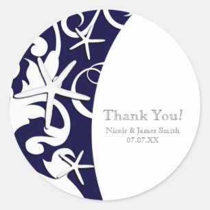 White Starfish Navy Blue Elegant Beach Wedding Ronde Sticker