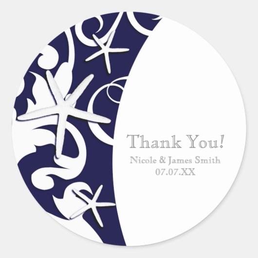 White Starfish Navy Blue Elegant Beach Wedding Ronde Sticker (Voorkant)