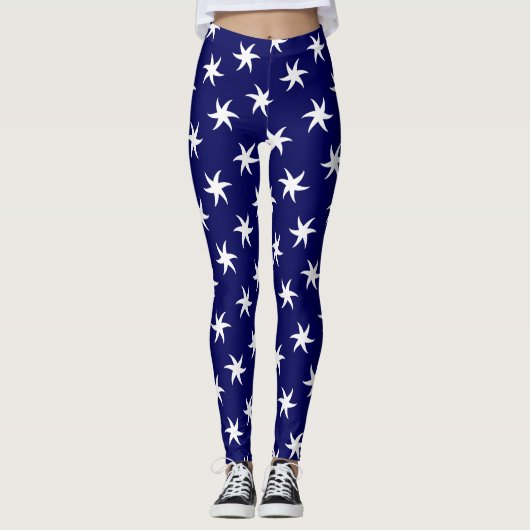 White Starfish on Navy Blue Leggings (Voorkant)