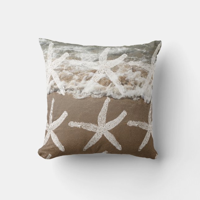 White Starfish Patronen Nautical Sandy Beach Ocean Buitenkussen (Voorkant)