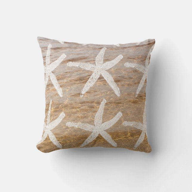 White Starfish Patronen Nautical Sandy Beach Water Buitenkussen (Voorkant)