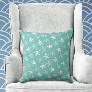 White Starfish Pattern on Blauwgroen Blue Kussen