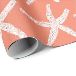 White Starfish Pattern Salmon roze Oranje Cute Cadeaupapier