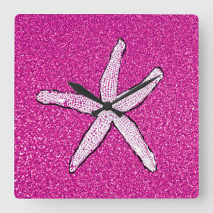 White Starfish Pink Glittery Sparkly Girls Room Vierkante Klok