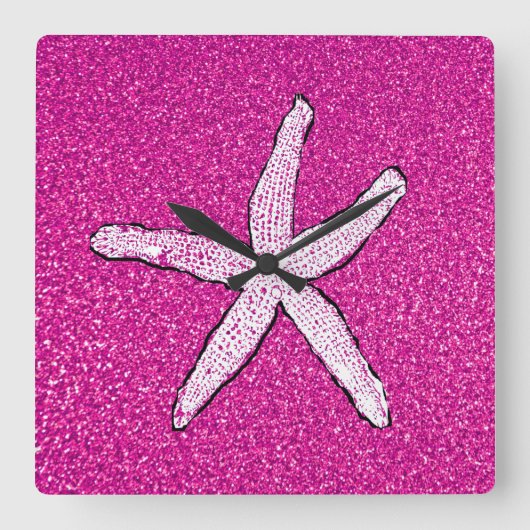 White Starfish Pink Glittery Sparkly Girls Room Vierkante Klok (Voorkant)