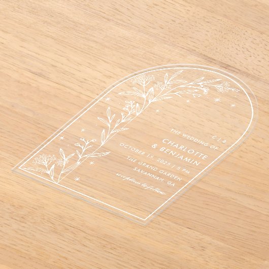 White Starry Celestial Arch Botanische bruiloft Acryl Uitnodigingen (Laagn)