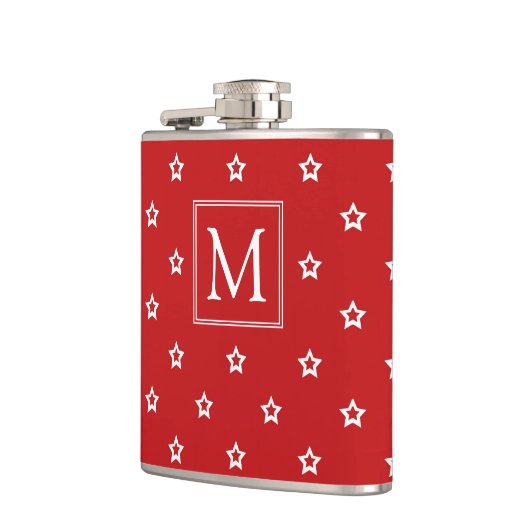 White Stars Pattern op Bright Red Monogram Heupfles (Links)