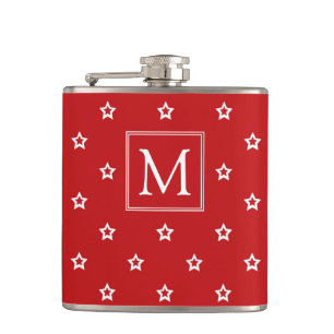 White Stars Pattern op Bright Red Monogram Heupfles