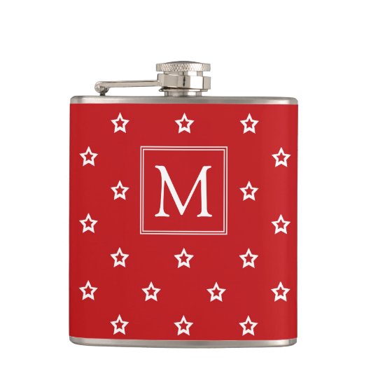 White Stars Pattern op Bright Red Monogram Heupfles (Voorkant)