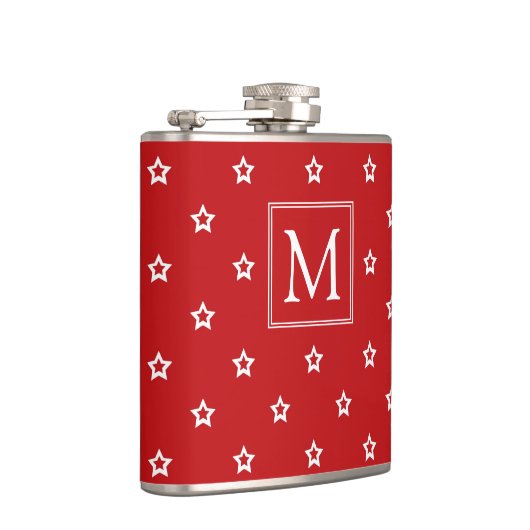 White Stars Pattern op Bright Red Monogram Heupfles (Rechts)