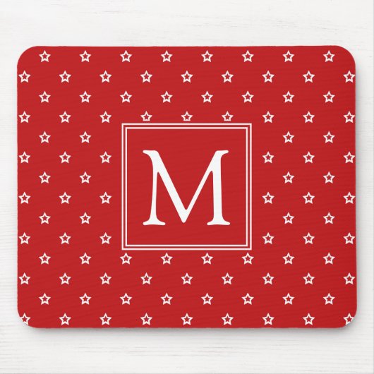 White Stars Pattern op Bright Red Monogram Muismat (Voorkant)
