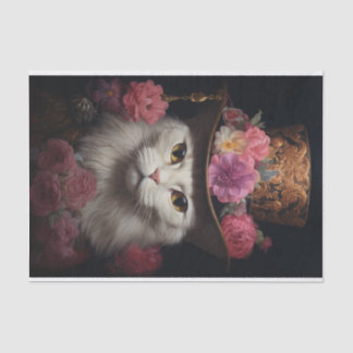 White Steampunk Cat, Roses, Decoupage Tissuepapier