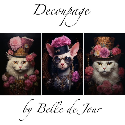 White Steampunk Cats, Roses, Decoupage Inpakpapier Vel