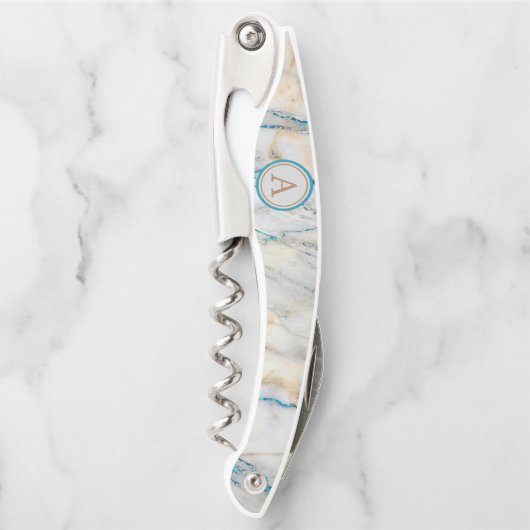 White Stone Marble Blue Glitter Monogram Kurkentrekker (Voorkant)