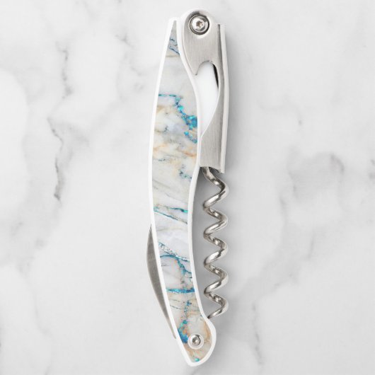 White Stone Marble Blue Glitter Monogram Kurkentrekker (Achterkant)
