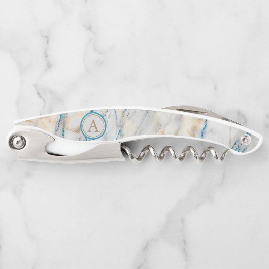 White Stone Marble Blue Glitter Monogram Kurkentrekker (Voorkant)