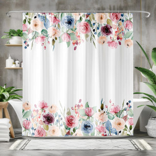 White Stripes Spring Flowers Border Accent Douchegordijn