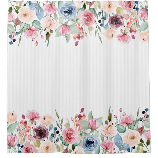 White Stripes Spring Flowers Border Accent Douchegordijn (Voorkant)