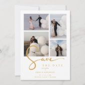 White Stylish Minimalist Custom 4-Photo Wedding Save The Date (Voorkant)