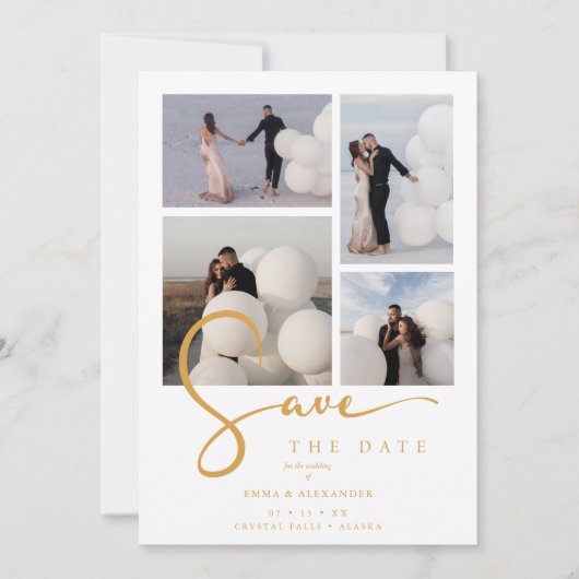 White Stylish Minimalist Custom 4-Photo Wedding Save The Date (Voorkant)