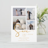 White Stylish Minimalist Custom 4-Photo Wedding Save The Date (Staand voorkant)