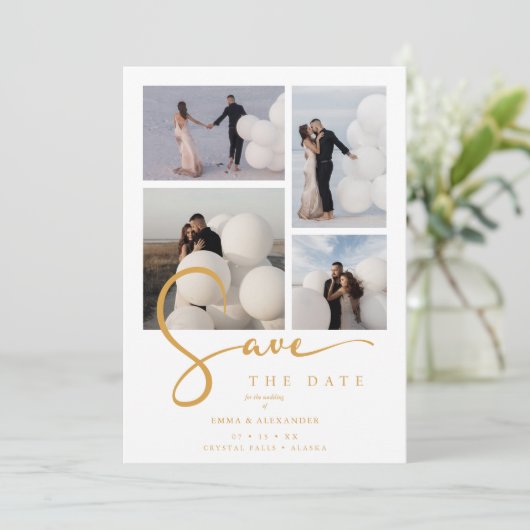 White Stylish Minimalist Custom 4-Photo Wedding Save The Date (Staand voorkant)
