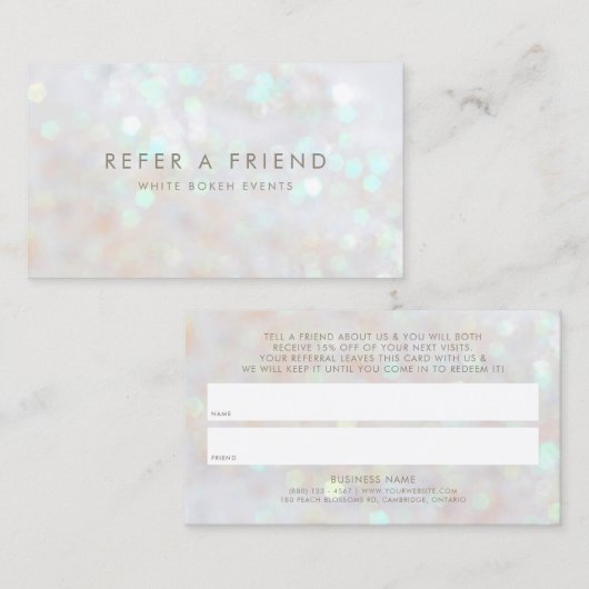 White Subtle Glitter Bokeh Verwijs een vriendenkaa Aanbevelingskaartje (Voorkant / Achterkant)