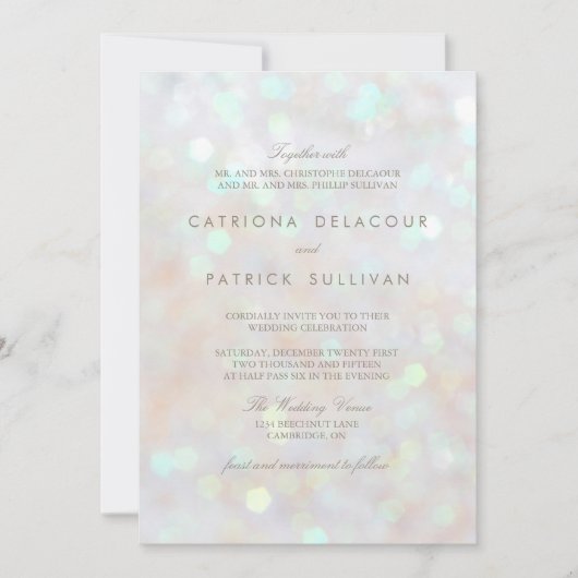 White Subtle Glitter Bokeh Wedding Invitation Kaart (Voorkant)