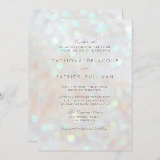 White Subtle Glitter Bokeh Wedding Invitation Kaart (Voorkant / Achterkant)
