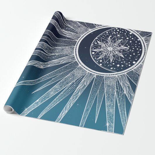 White Sun Moon Mandala Blue Gradient Design Cadeaupapier (Uitgerold)