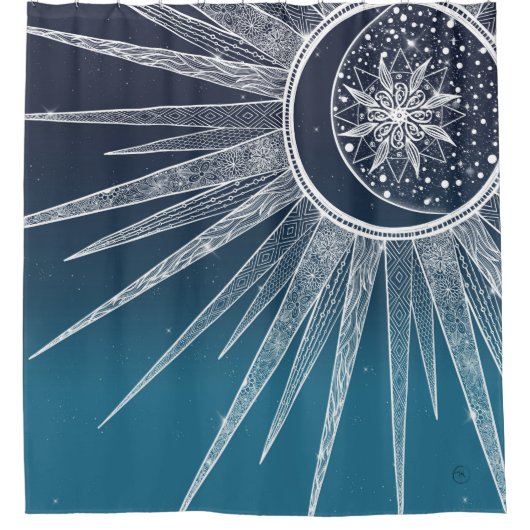 White Sun Moon Mandala Blue Gradient Design Douchegordijn (Voorkant)