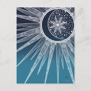 White Sun Moon Mandala Blue Gradient Design Feestdagenkaart